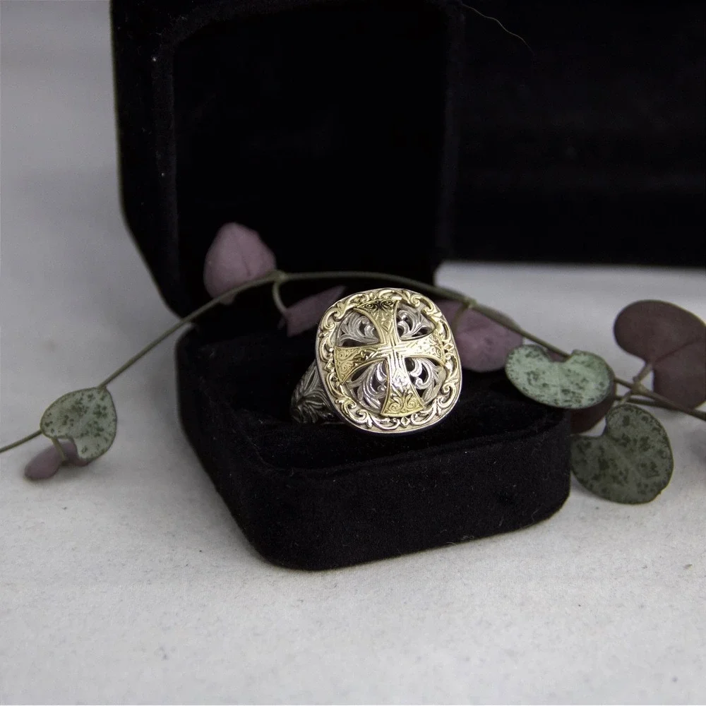 Konstantino Sterling Silver 18k Gold Maltese Cross Filigree Ring Size 12.5